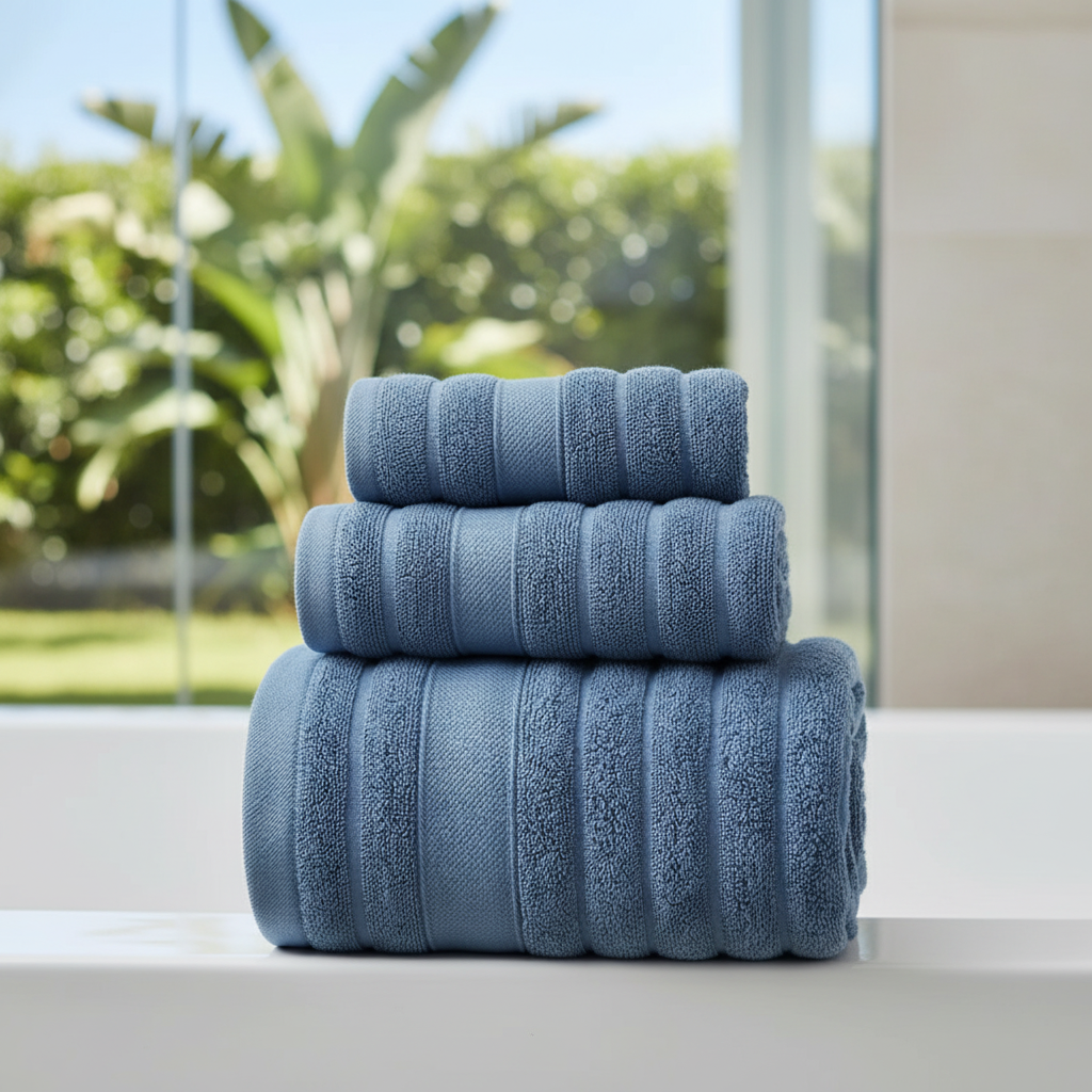 Men's Cotton Terry Bath Towel Set for Bathroom with Ribbed Texture Three Piece - Image 1