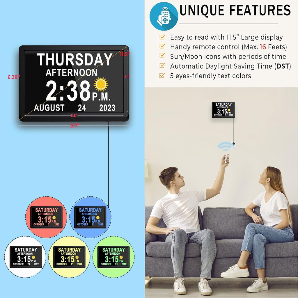 Men's Digital Clock Seconds Electronic Wall Calendar Day with Large Display and Remote for Seniors - Image 3