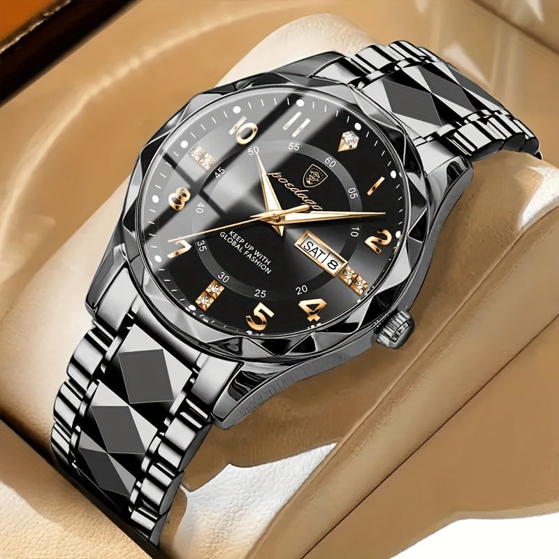 Mens Dress Watch Analog Fashion Sunburst Dial Date Window Faceted Bracelet - Image 1