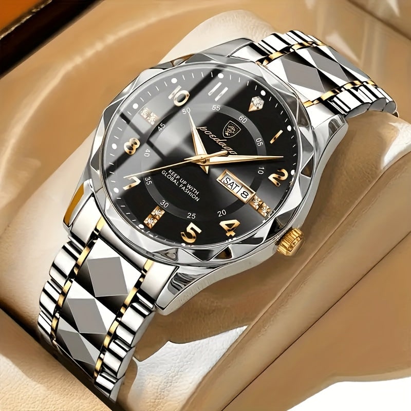 Mens Dress Watch Analog Fashion Sunburst Dial Date Window Faceted Bracelet - Image 2