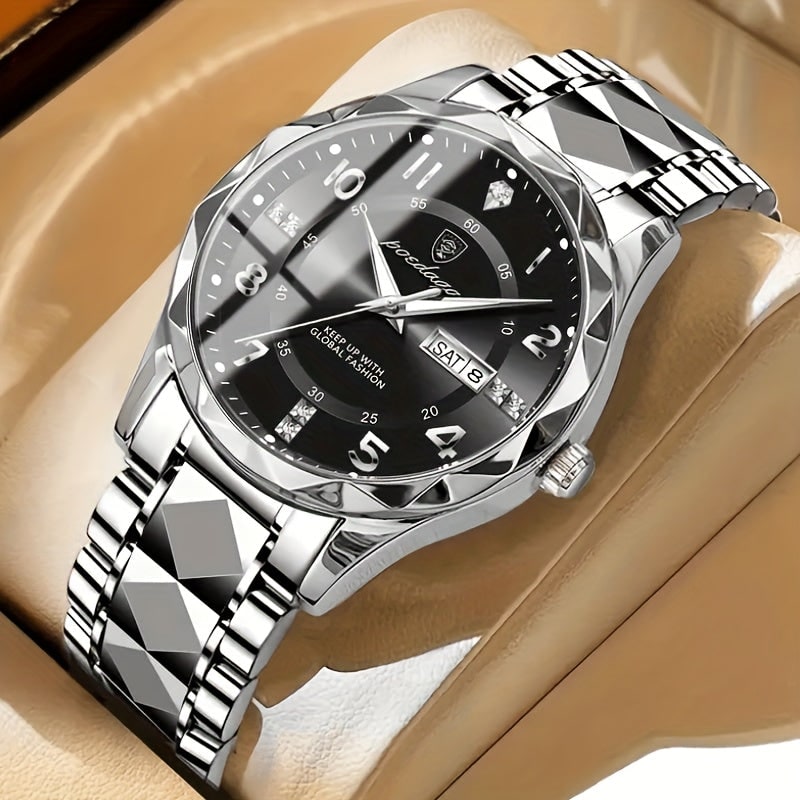 Mens Dress Watch Analog Fashion Sunburst Dial Date Window Faceted Bracelet - Image 5