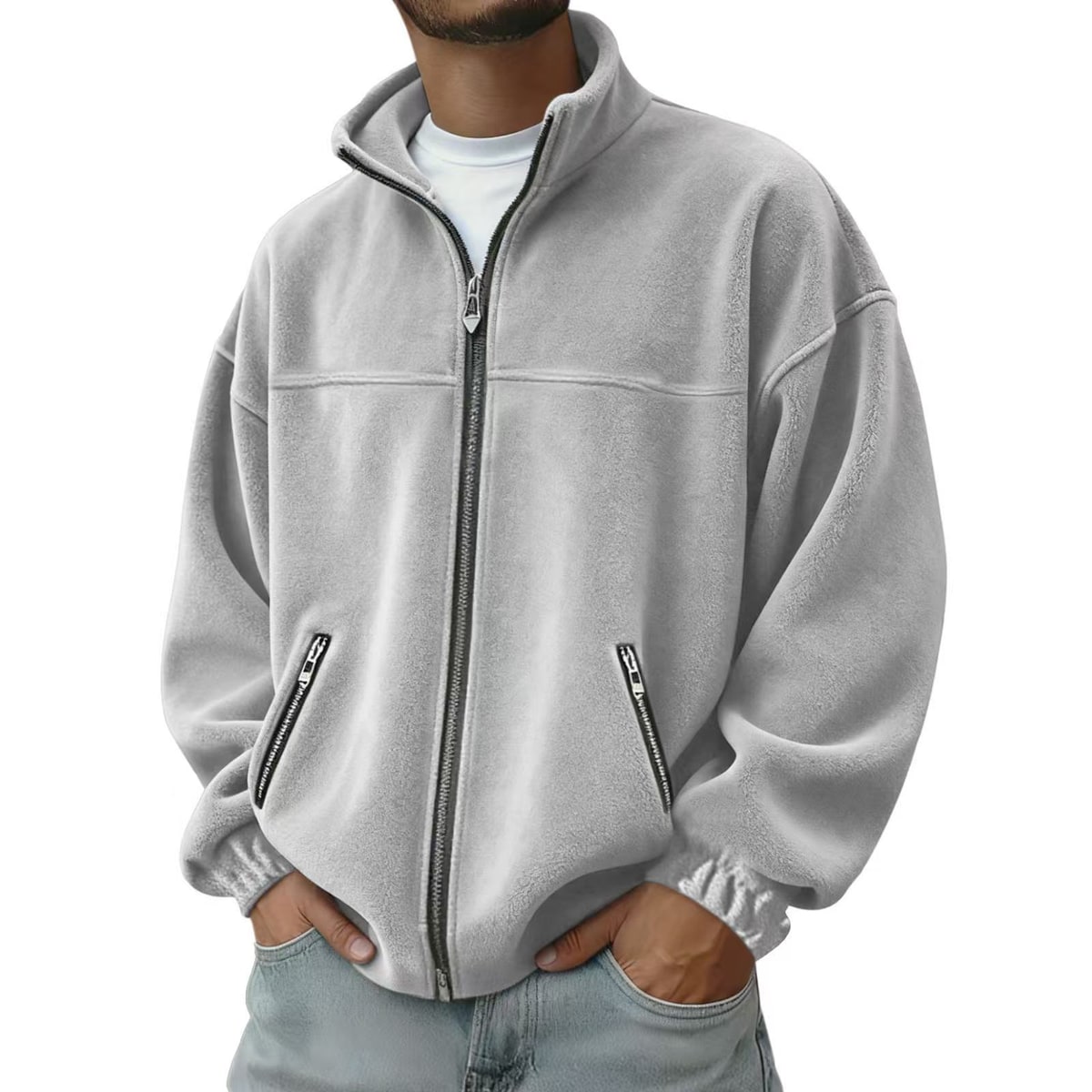 Men's Fleece Jacket Zip Up Coat with Stand Collar and Full Closure - Image 1