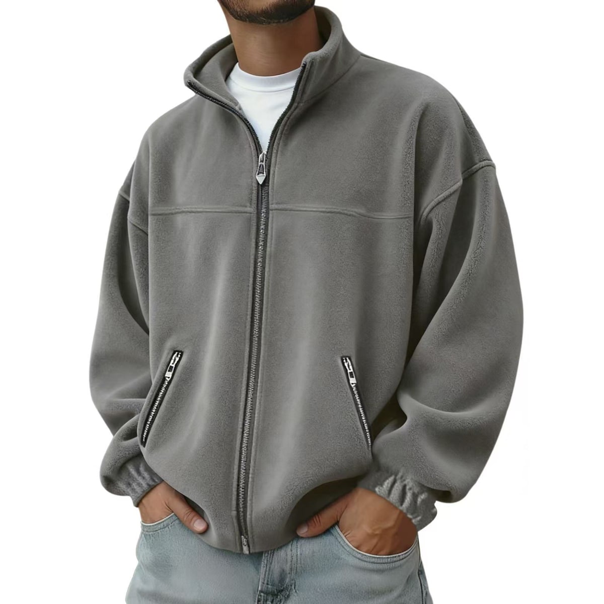 Men's Fleece Jacket Zip Up Coat with Stand Collar and Full Closure - Image 2
