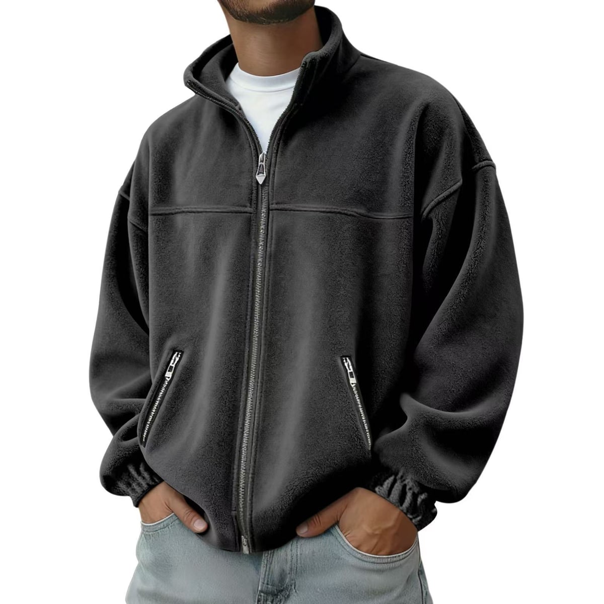 Men's Fleece Jacket Zip Up Coat with Stand Collar and Full Closure - Image 3