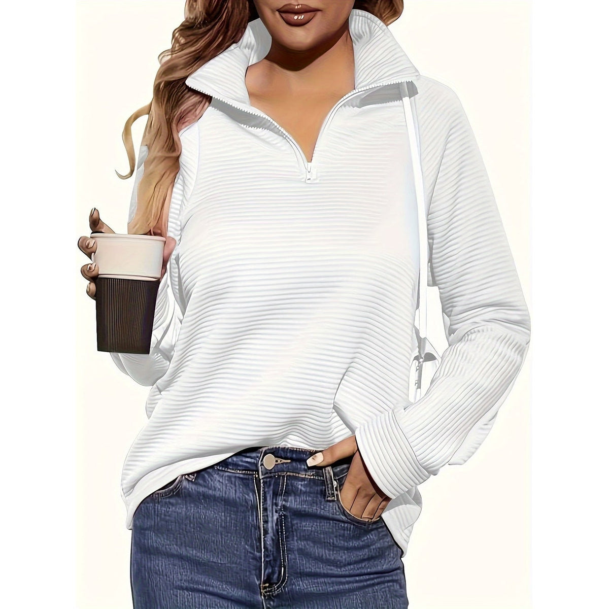 Men's Half Zip Sweatshirt with Textured Cotton Funnel Neck and Long Sleeves - Image 10