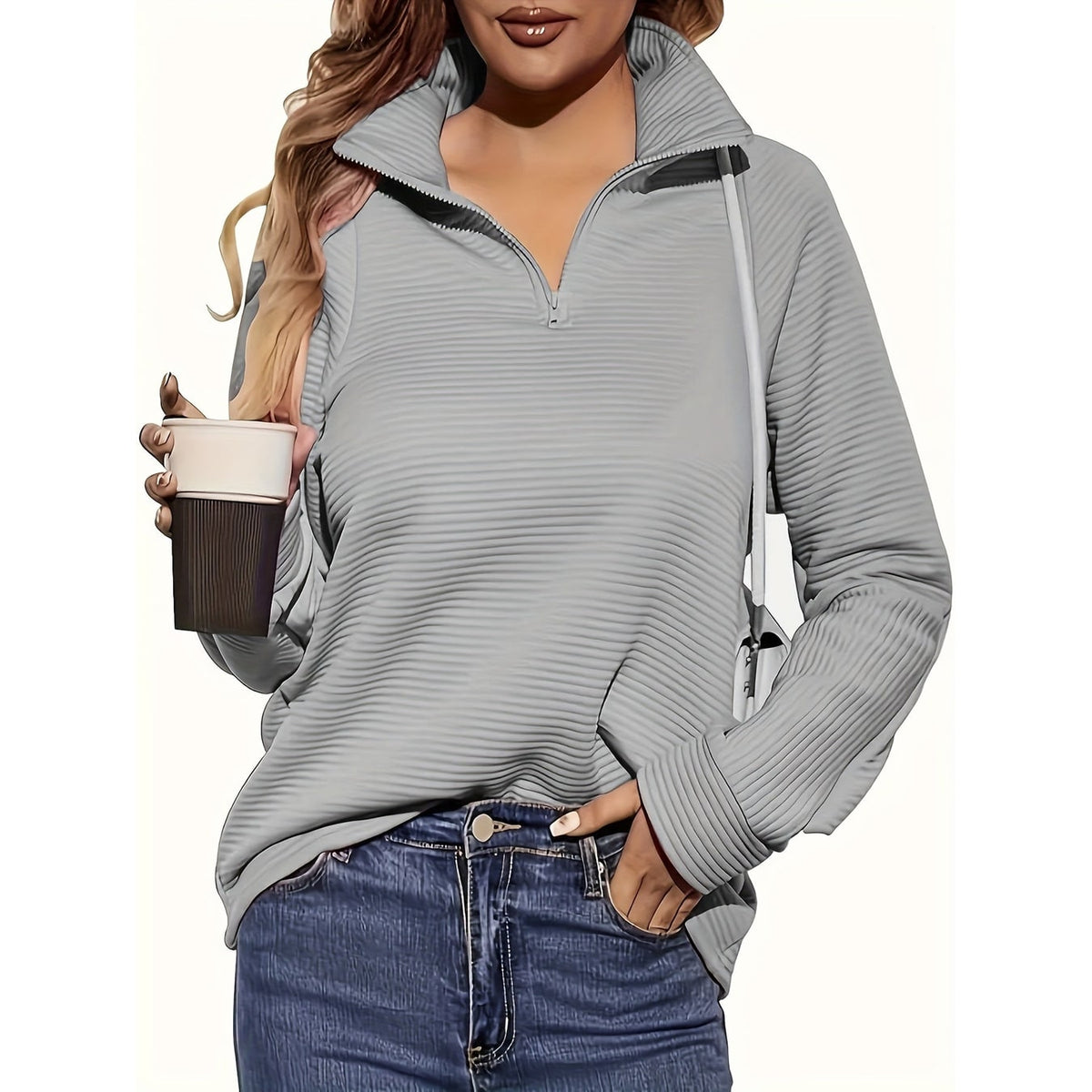 Men's Half Zip Sweatshirt with Textured Cotton Funnel Neck and Long Sleeves - Image 27