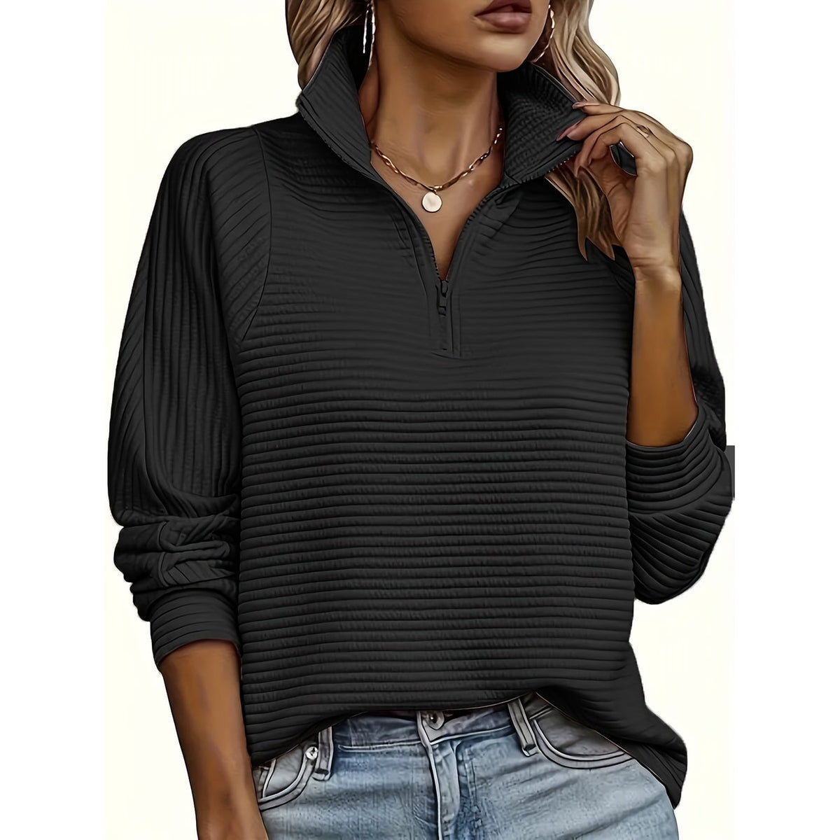 Men's Half Zip Sweatshirt with Textured Cotton Funnel Neck and Long Sleeves - Image 5