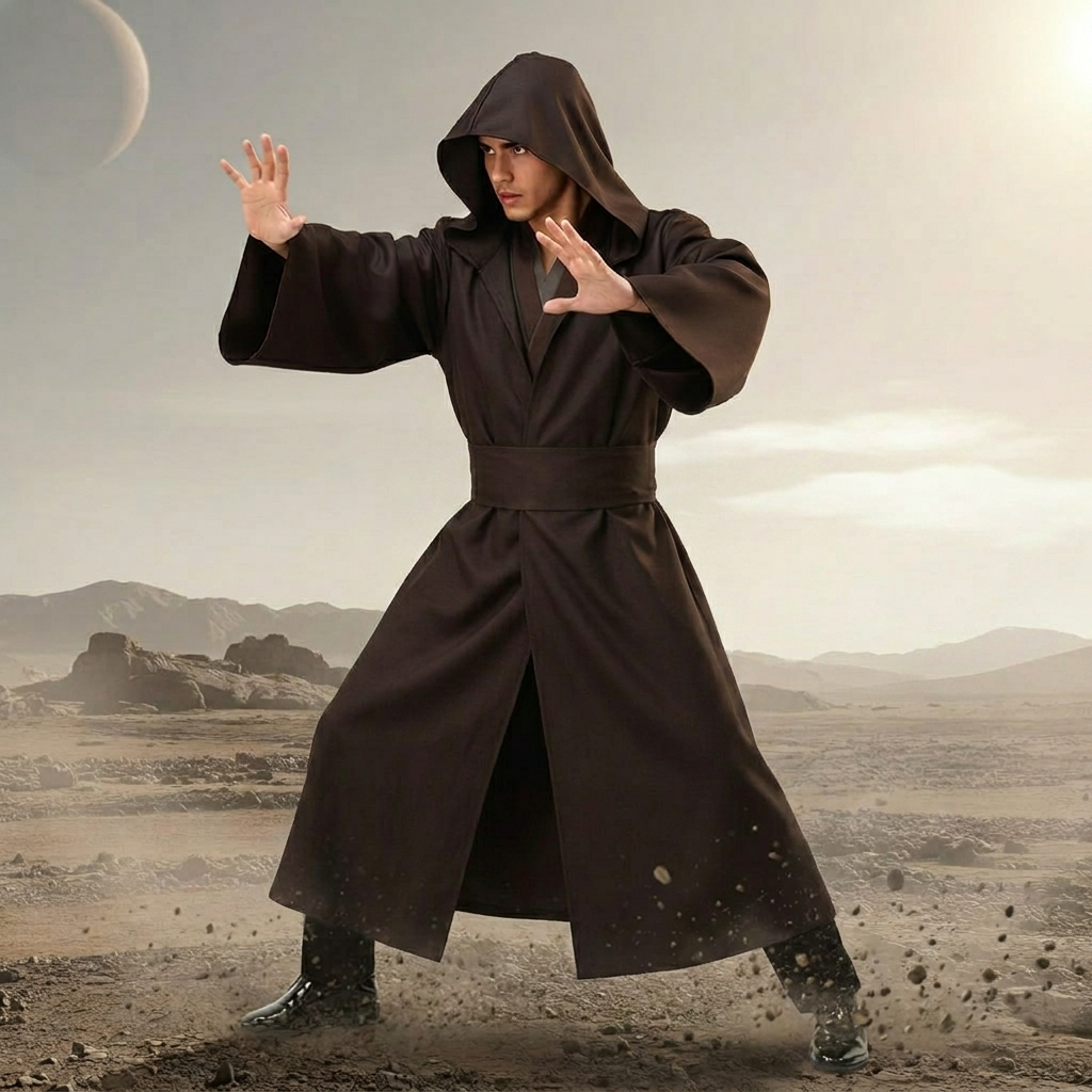 Men's Halloween Cosplay Jedi Costume with Hooded Robe Tunic and Flowing Sleeves for Adult Party Dress-Up - Image 1