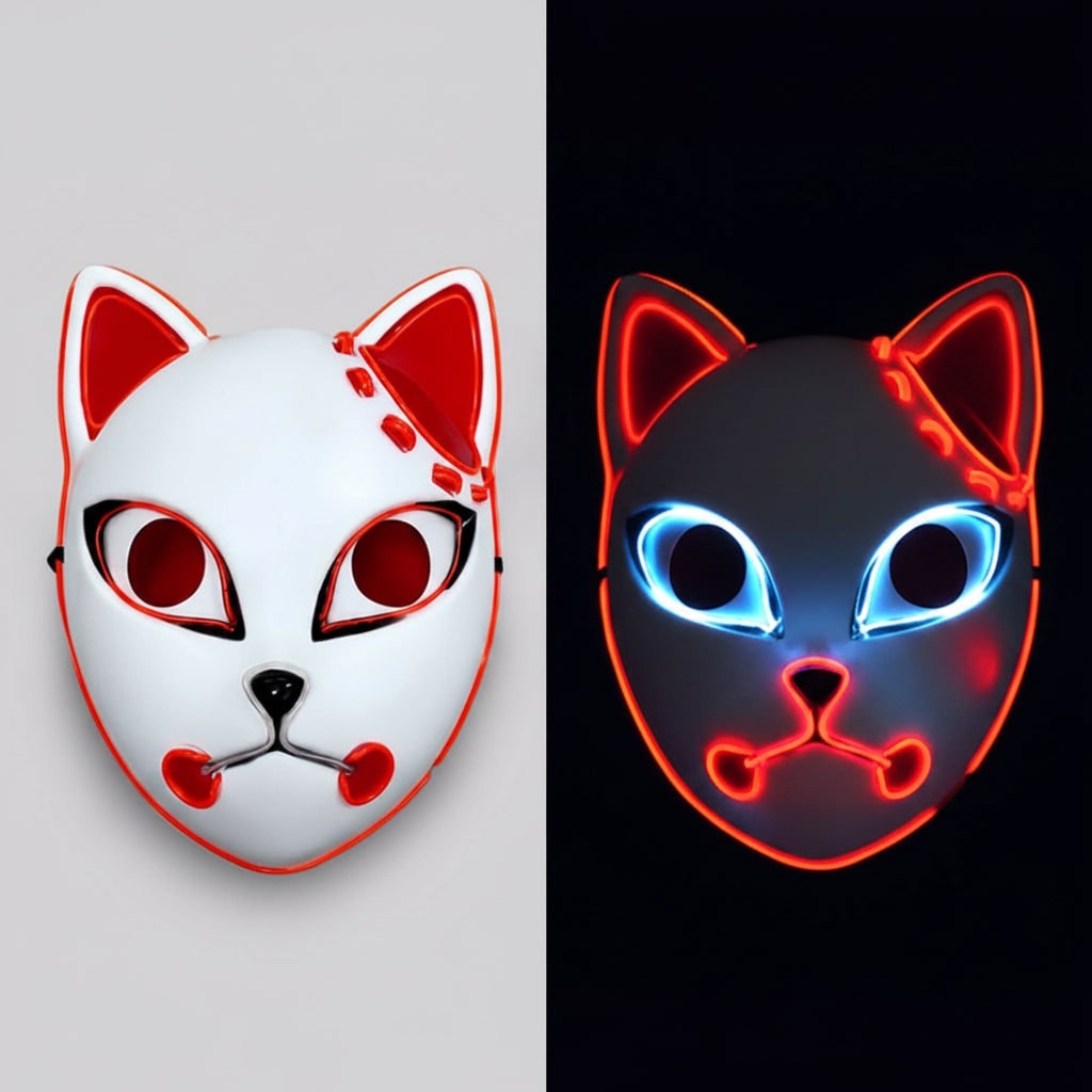 Men's Halloween LED Fox Kitsune Cosplay Mask with Light-Up Neon Anime Design for Party and Costume - Image 1