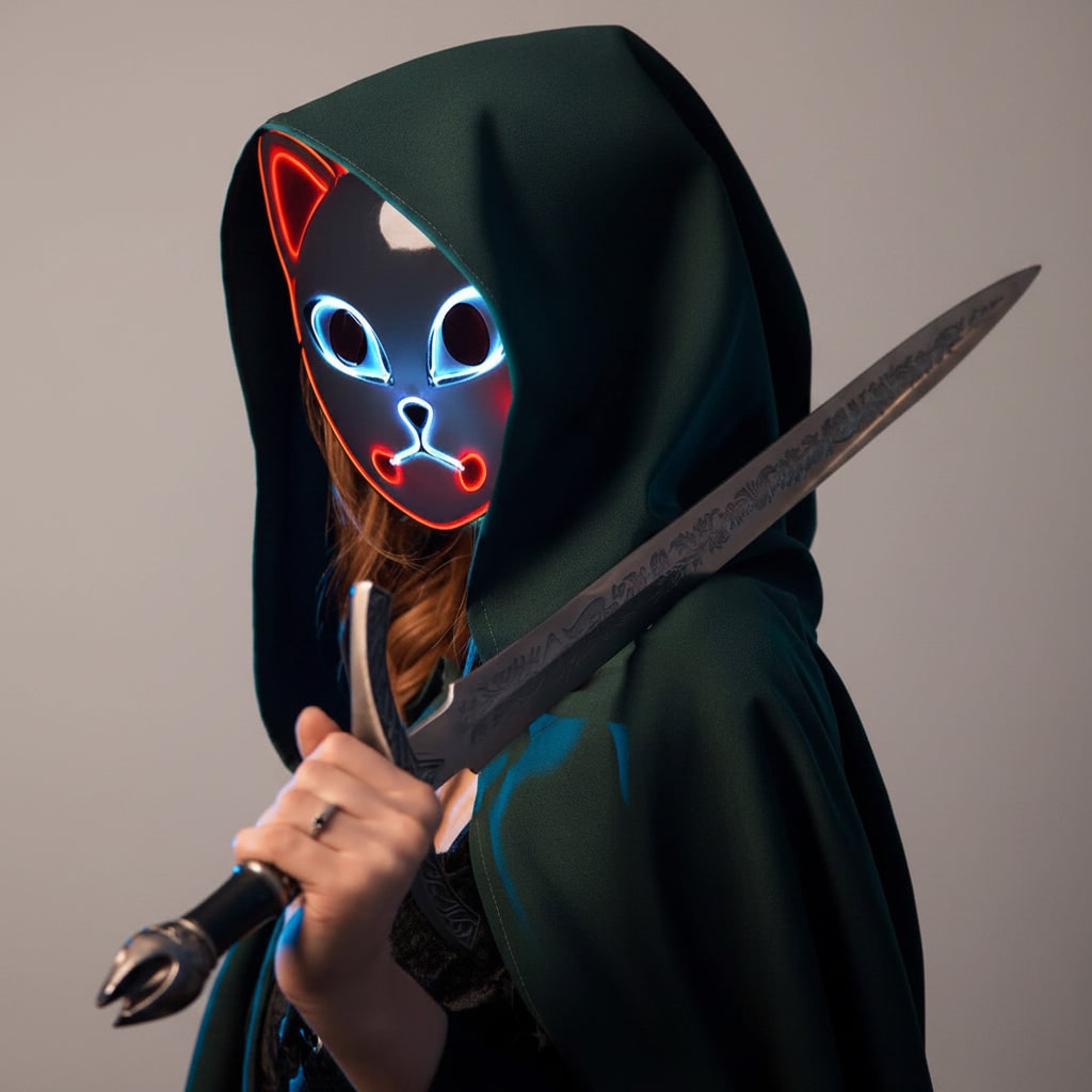 Men's Halloween LED Fox Kitsune Cosplay Mask with Light-Up Neon Anime Design for Party and Costume - Image 12