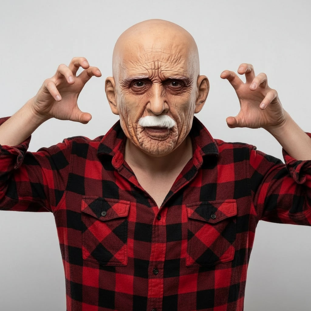 Men's Halloween Old Man Mask with White Mustache and Realistic Wrinkles Latex Full Head Costume Prop - Image 1