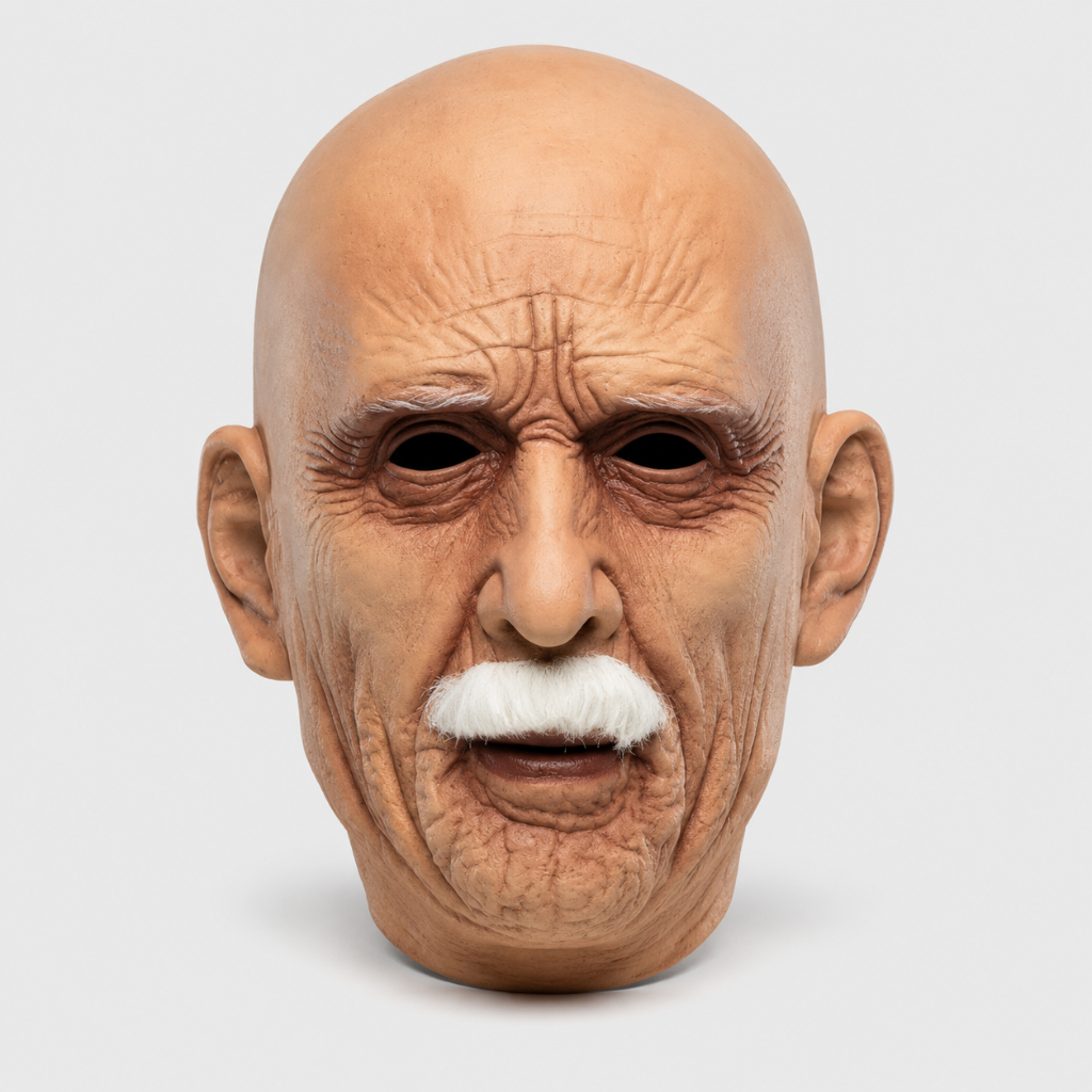 Men's Halloween Old Man Mask with White Mustache and Realistic Wrinkles Latex Full Head Costume Prop - Image 2