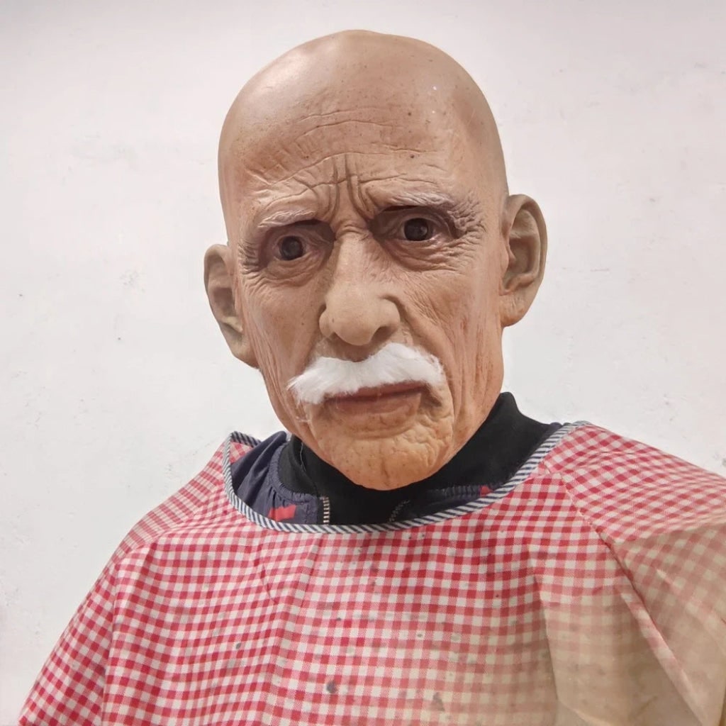 Men's Halloween Old Man Mask with White Mustache and Realistic Wrinkles Latex Full Head Costume Prop - Image 3