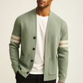 Men's Knit Cardigan Merino Wool Blend with Sleeve Stripes and Patch Pockets - Image 1