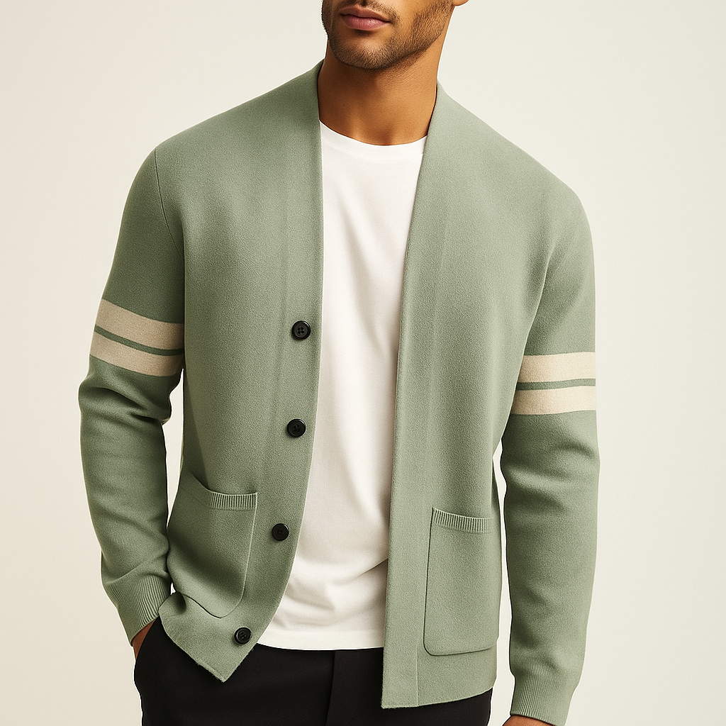 Men's Knit Cardigan Merino Wool Blend with Sleeve Stripes and Patch Pockets - Image 1