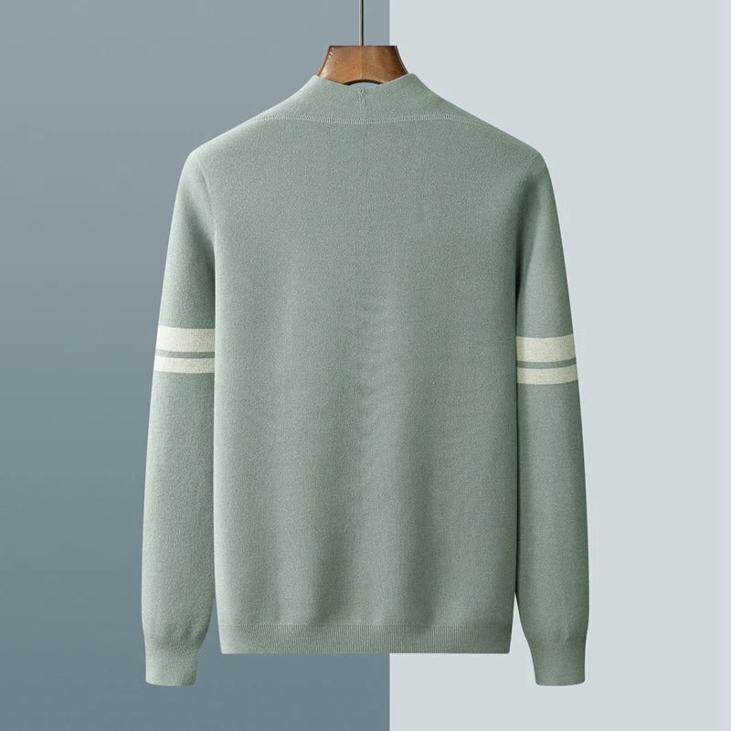 Men's Knit Cardigan Merino Wool Blend with Sleeve Stripes and Patch Pockets - Image 10