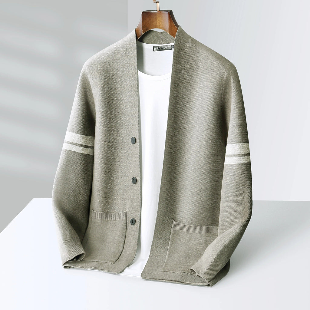 Men's Knit Cardigan Merino Wool Blend with Sleeve Stripes and Patch Pockets - Image 11