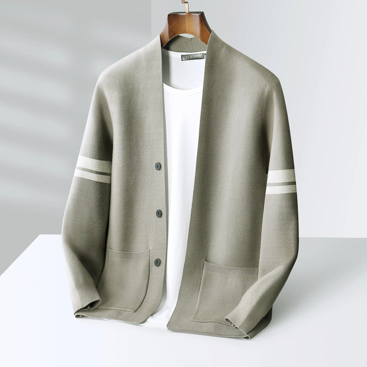 Men's Knit Cardigan Merino Wool Blend with Sleeve Stripes and Patch Pockets - Image 11