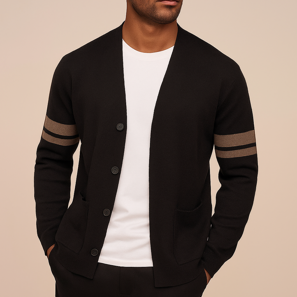 Men's Knit Cardigan Merino Wool Blend with Sleeve Stripes and Patch Pockets - Image 2