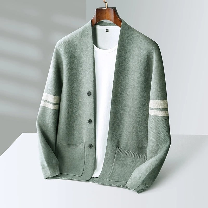 Men's Knit Cardigan Merino Wool Blend with Sleeve Stripes and Patch Pockets - Image 3