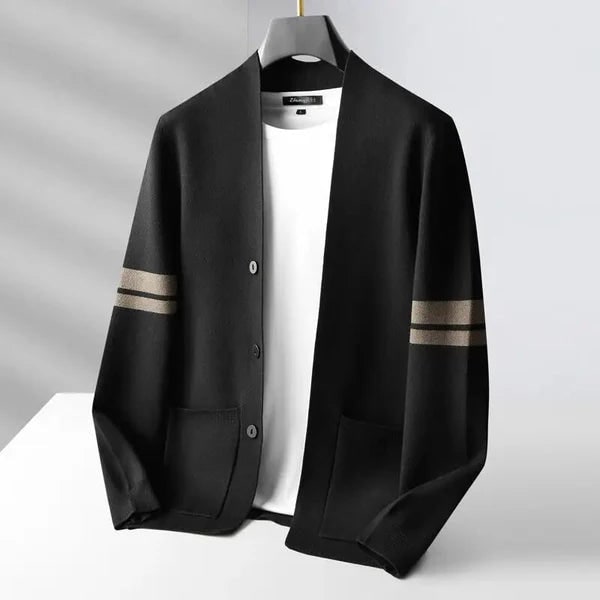 Men's Knit Cardigan Merino Wool Blend with Sleeve Stripes and Patch Pockets - Image 4