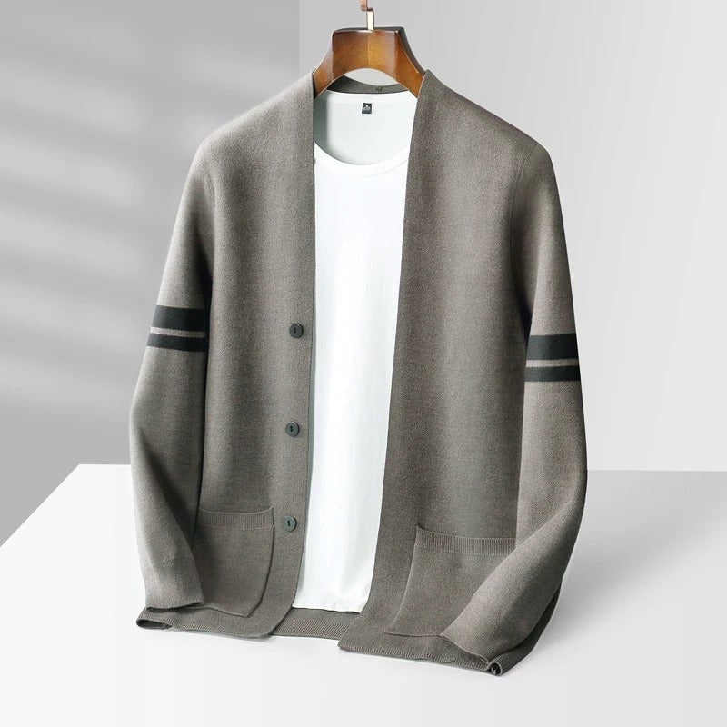 Men's Knit Cardigan Merino Wool Blend with Sleeve Stripes and Patch Pockets - Image 5