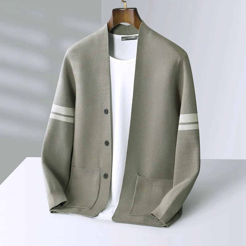 Men's Knit Cardigan Merino Wool Blend with Sleeve Stripes and Patch Pockets - Image 6
