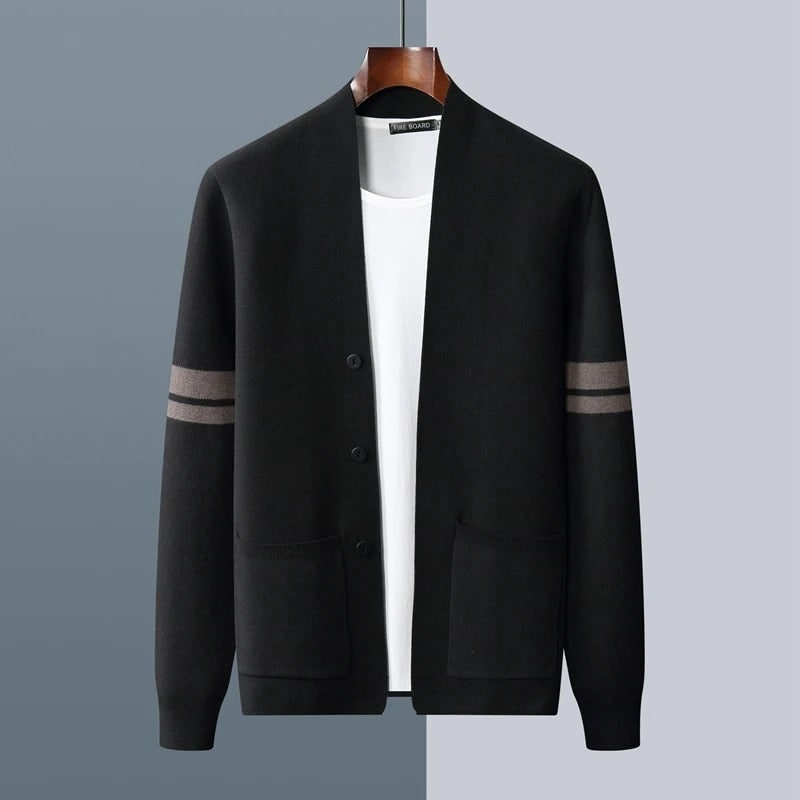Men's Knit Cardigan Merino Wool Blend with Sleeve Stripes and Patch Pockets - Image 8