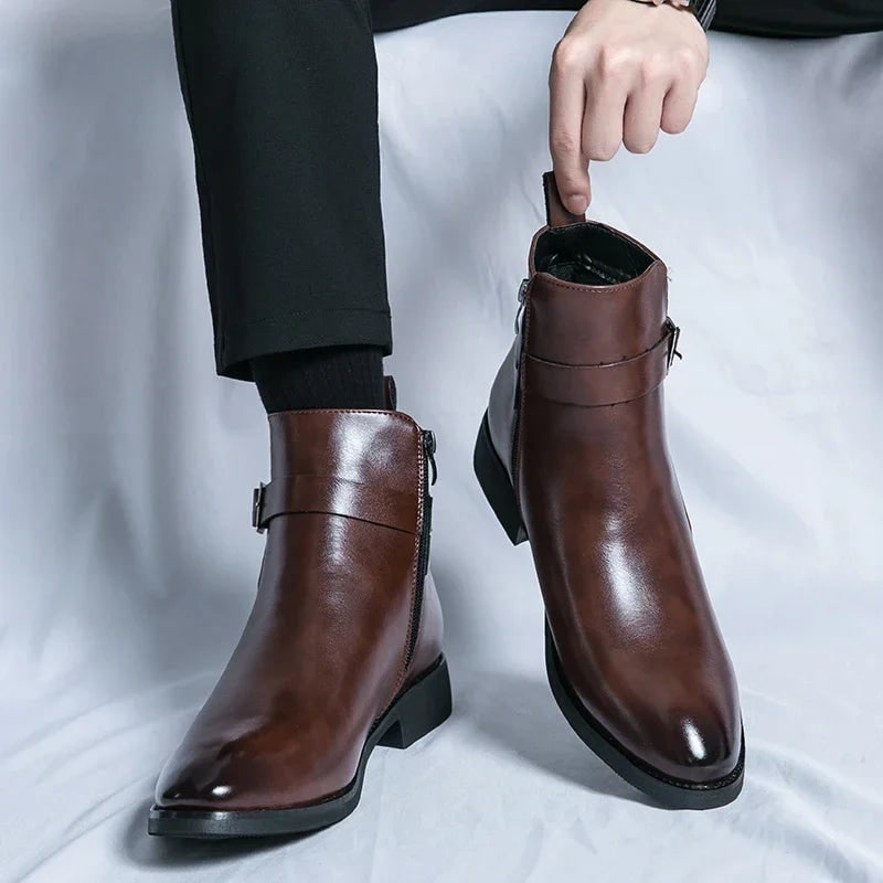 Men's Leather Ankle Boots with Side Zipper and Buckle Strap - Image 1