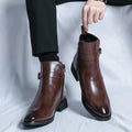 Men's Leather Ankle Boots with Side Zipper and Buckle Strap - Image 1