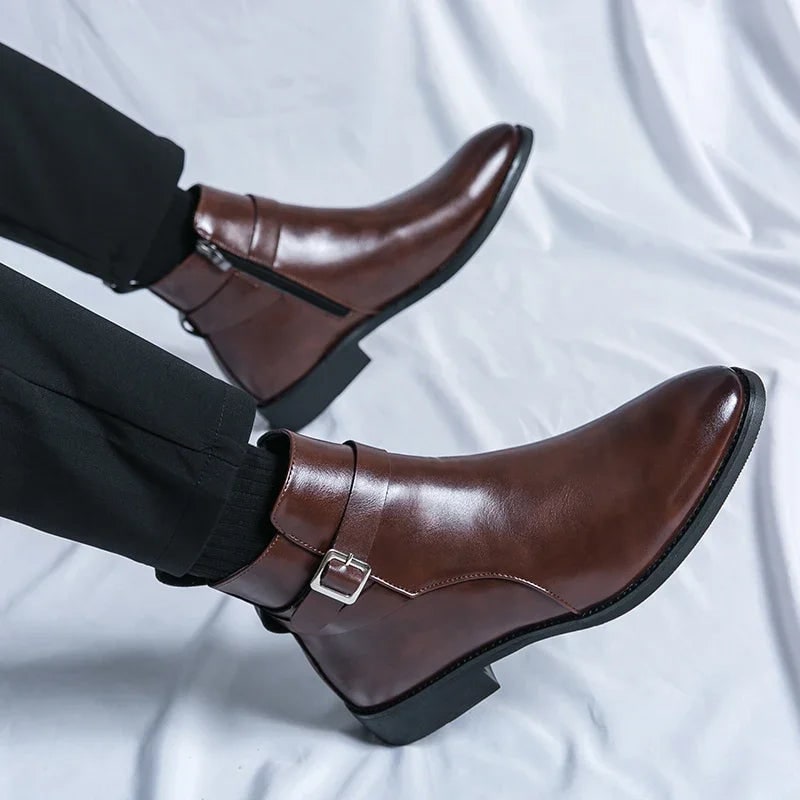 Men's Leather Ankle Boots with Side Zipper and Buckle Strap - Image 10