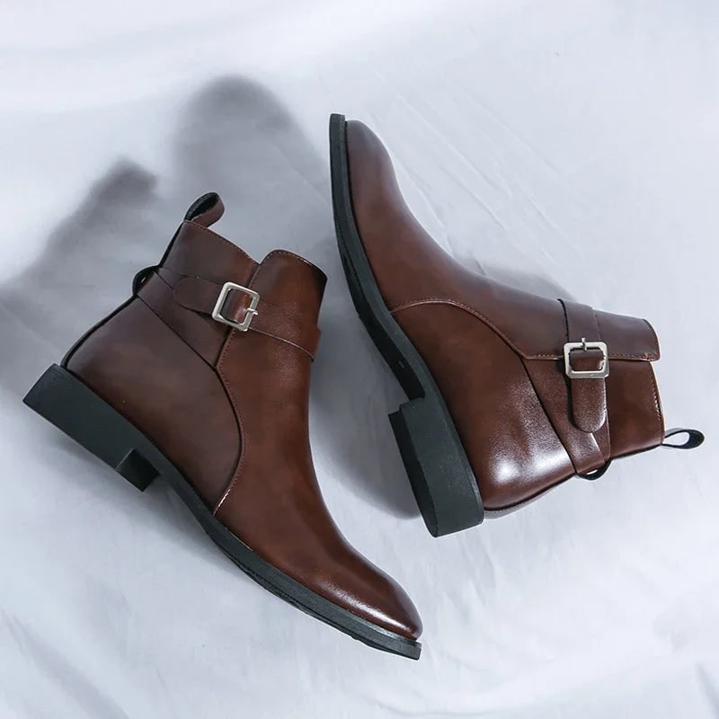 Men's Leather Ankle Boots with Side Zipper and Buckle Strap - Image 12