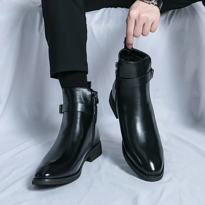Men's Leather Ankle Boots with Side Zipper and Buckle Strap - Image 13