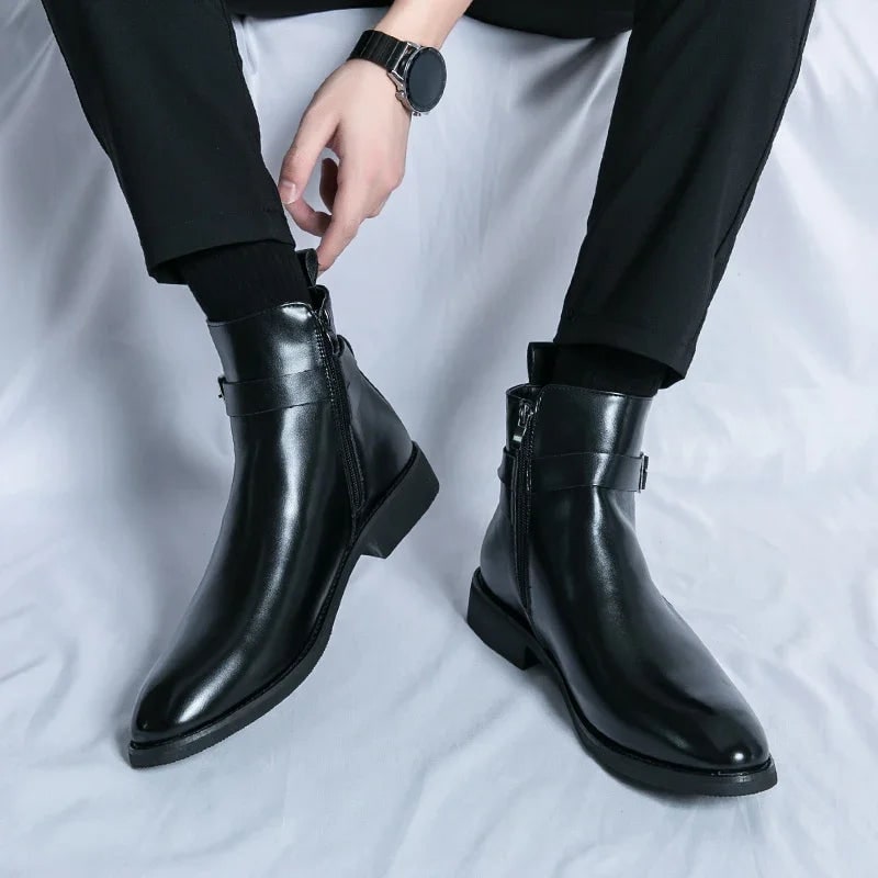 Men's Leather Ankle Boots with Side Zipper and Buckle Strap - Image 14