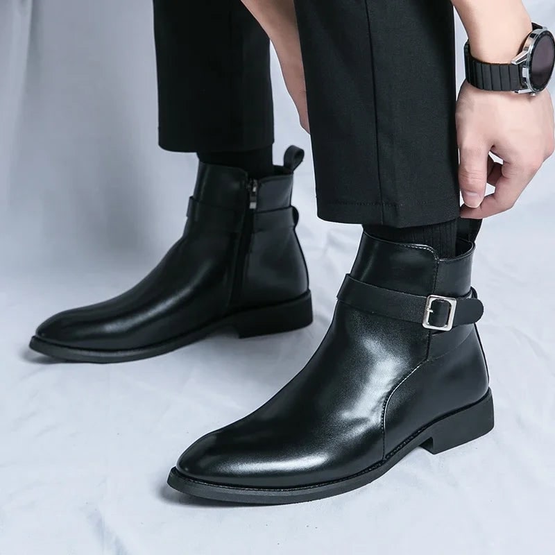Men's Leather Ankle Boots with Side Zipper and Buckle Strap - Image 15