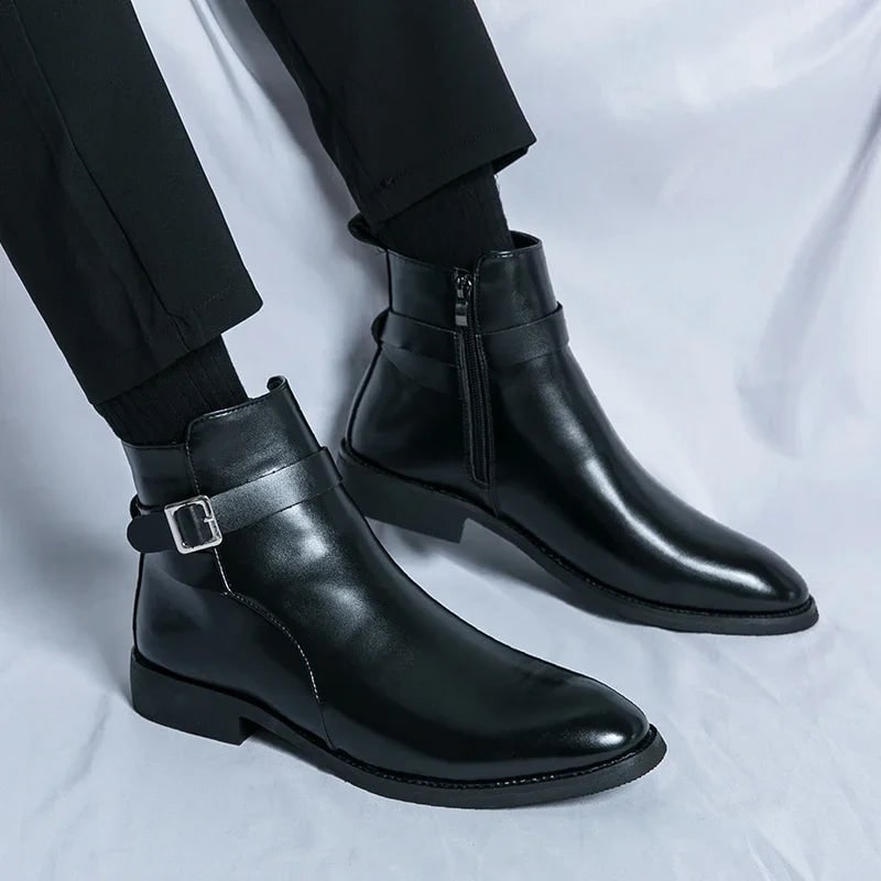 Men's Leather Ankle Boots with Side Zipper and Buckle Strap - Image 16