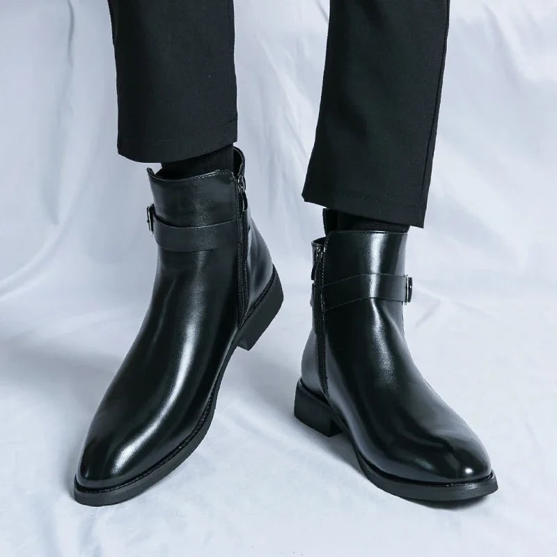 Men's Leather Ankle Boots with Side Zipper and Buckle Strap - Image 17
