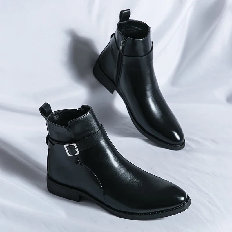 Men's Leather Ankle Boots with Side Zipper and Buckle Strap - Image 18