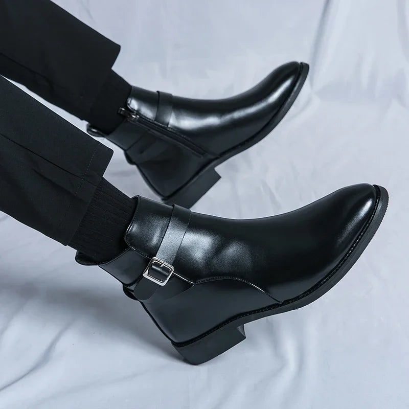 Men's Leather Ankle Boots with Side Zipper and Buckle Strap - Image 19