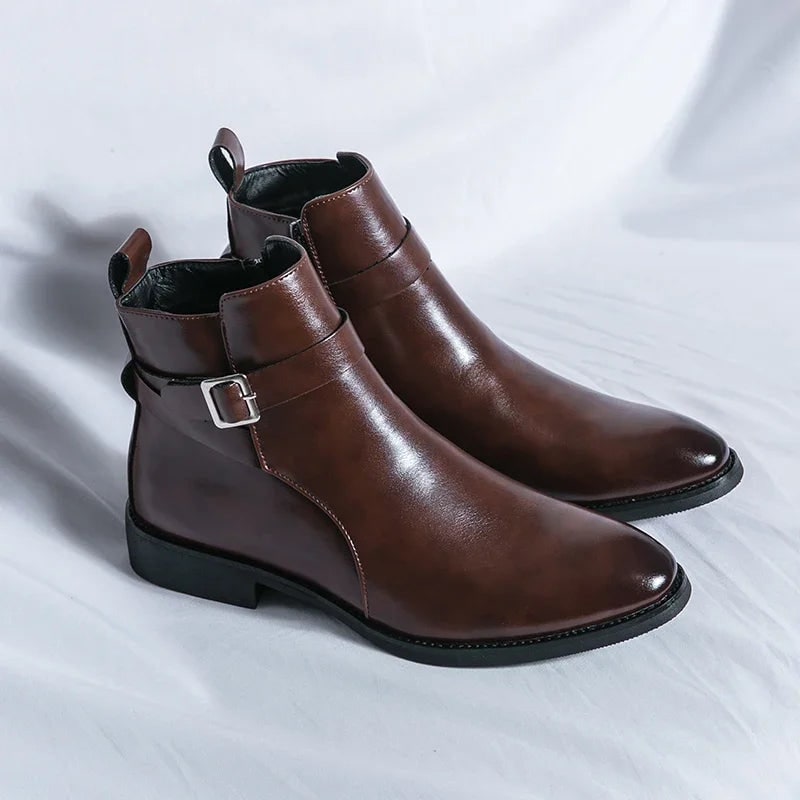 Men's Leather Ankle Boots with Side Zipper and Buckle Strap - Image 2