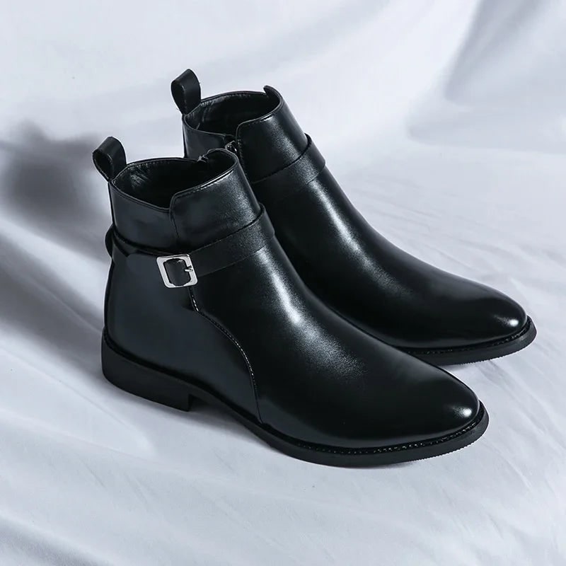 Men's Leather Ankle Boots with Side Zipper and Buckle Strap - Image 20