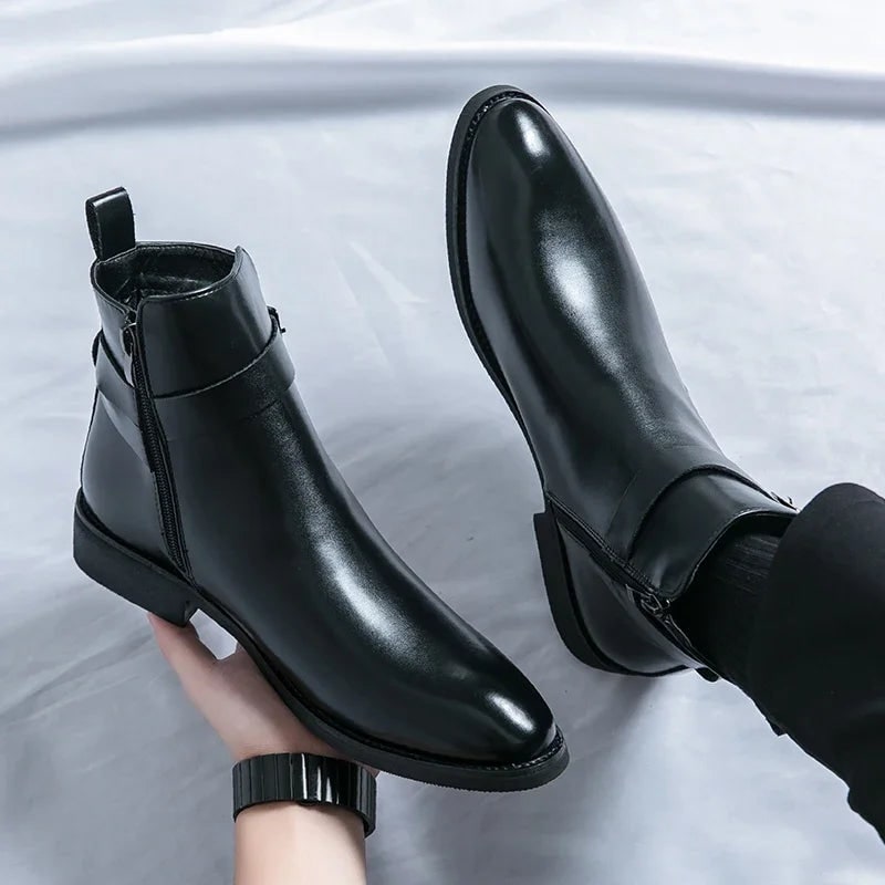 Men's Leather Ankle Boots with Side Zipper and Buckle Strap - Image 21