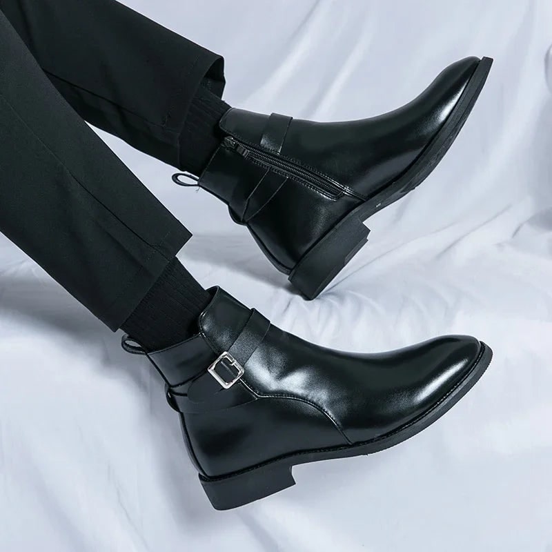 Men's Leather Ankle Boots with Side Zipper and Buckle Strap - Image 22