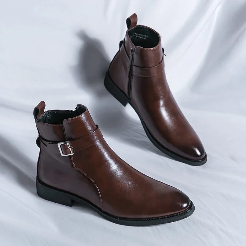 Men's Leather Ankle Boots with Side Zipper and Buckle Strap - Image 3