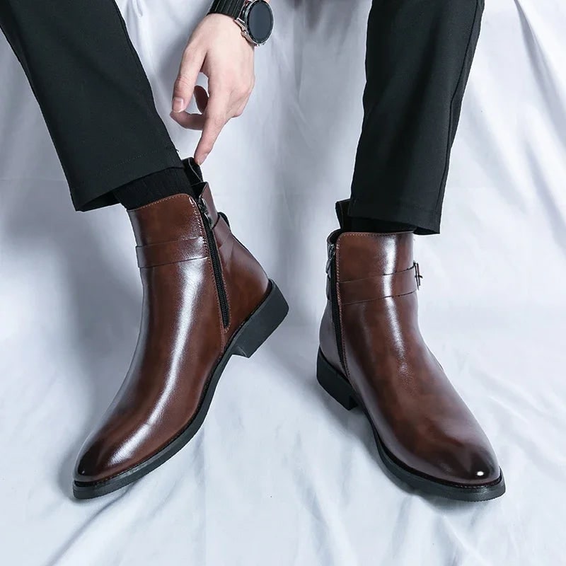 Men's Leather Ankle Boots with Side Zipper and Buckle Strap - Image 4