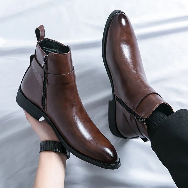 Men's Leather Ankle Boots with Side Zipper and Buckle Strap - Image 5