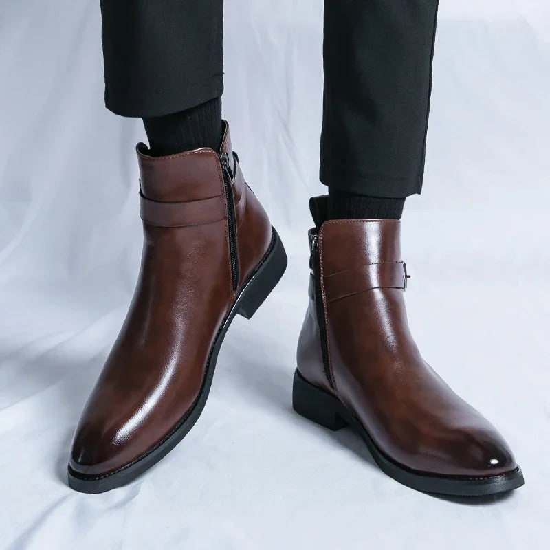 Men's Leather Ankle Boots with Side Zipper and Buckle Strap - Image 6