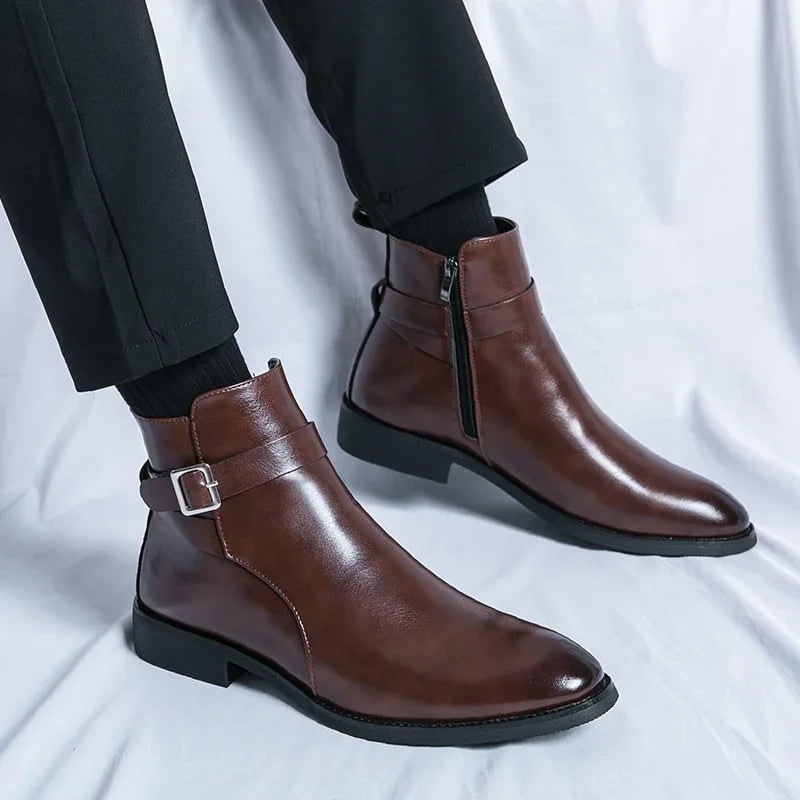 Men's Leather Ankle Boots with Side Zipper and Buckle Strap - Image 7