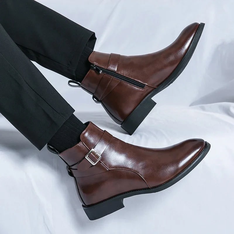 Men's Leather Ankle Boots with Side Zipper and Buckle Strap - Image 8