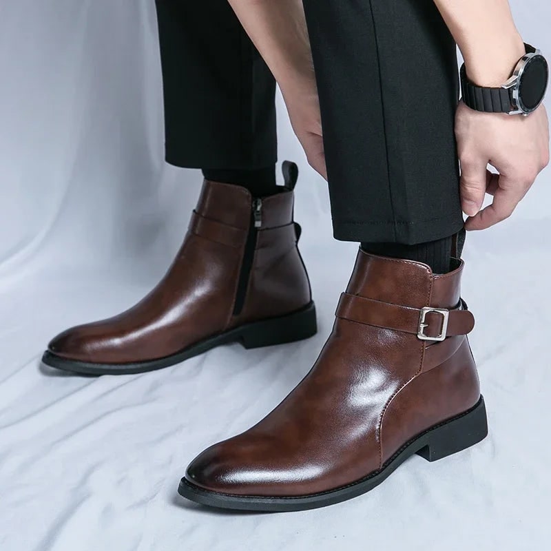 Men's Leather Ankle Boots with Side Zipper and Buckle Strap - Image 9